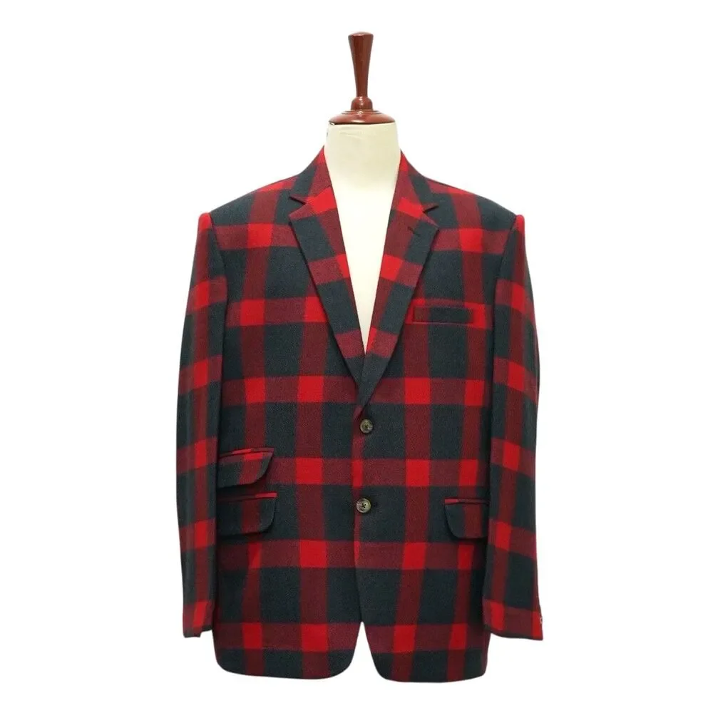 Mens 48R Red Black Buffalo Plaid Wool Blazer 2 Button Sport Coat Wedding Formal